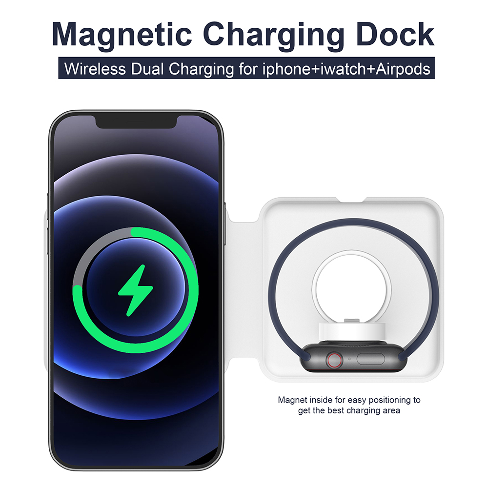 

Foldable Magnetic Wireless Charger For Phone 12 2in1 Magnet Duo Charger For Watch Phone 12 Pro 15W Fast Charging Recharger