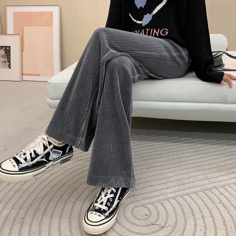 

2021 New Women' Thin Autumn and Winter High Waist Corduroy Loose Straight Vertical Striped Velvet Wide-leg Pants Drape Trousers, Black