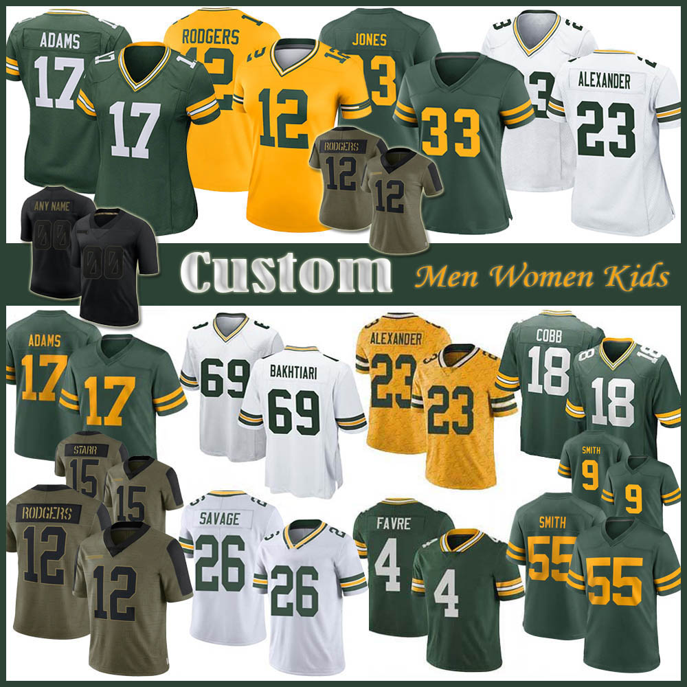 

12 Aaron Rodgers 33 Jones Custom Men Women Kids Football Jersey 17 Davante Adams 23 Jaire Alexander Allen Lazard AJ Dillon ZaDarius Smith David Bakhtiari Reggie White, Shown