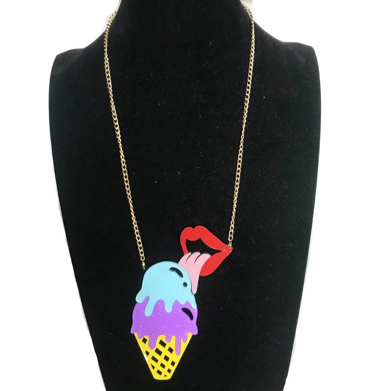 

New Fashion Summer Big Acrylic Tongue licking Cream Necklace For Women Trendy Link Chain Necklace Pendant Party Jewelry Gift