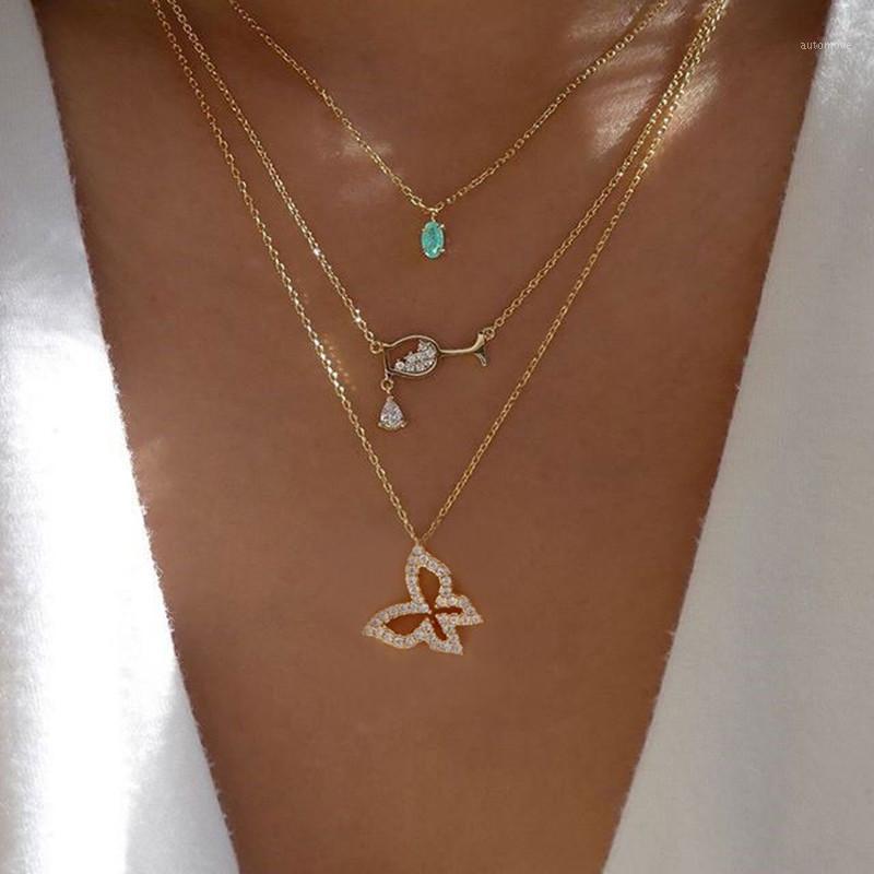 

3 Pcs/Set Fashion Crystal Butterfly Wine Glass Pendant Necklace for Women Gold Chain Clavicle Necklace Jewelry Gifts1