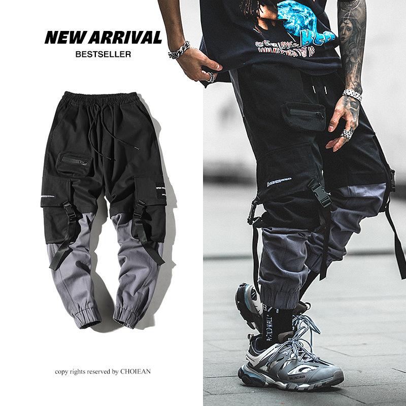 

Autumn Casual Men' Cargo Pants Pocket Decor Patchwork Drawstring Bunch Of Foot Fashion Personality Hip-hop Male Trousers, Black
