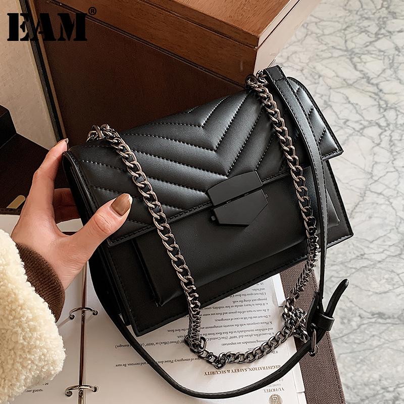 

[EAM] Women New Luxury High Quality Chains PU Leather Flap Personality All-match Crossbody Shoulder Bag Fashion 2021 18A1203, Black