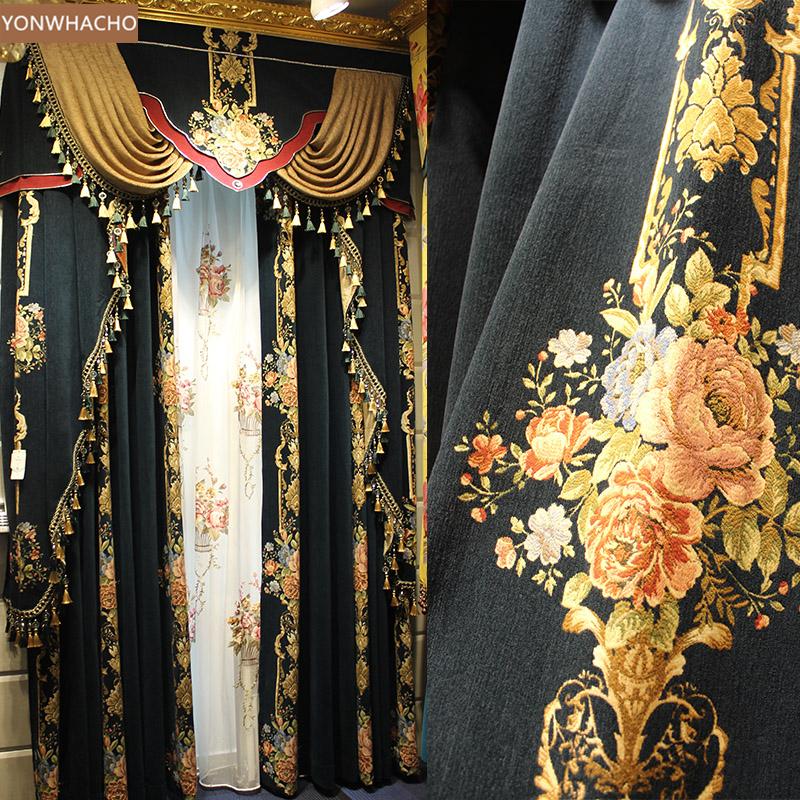 

Custom curtains high class European Living Room Villa Jacquard chenille thick cloth blackout curtain valance tulle panel B531, As pic