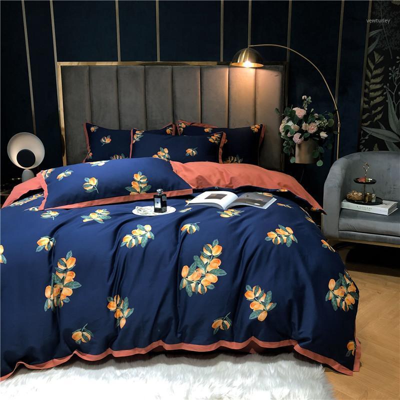 

Blue Egyptian cotton bedsheet bedding set fruit print pastoral duvet cover bed linen flat sheets queen king size hometexitle1, As pic