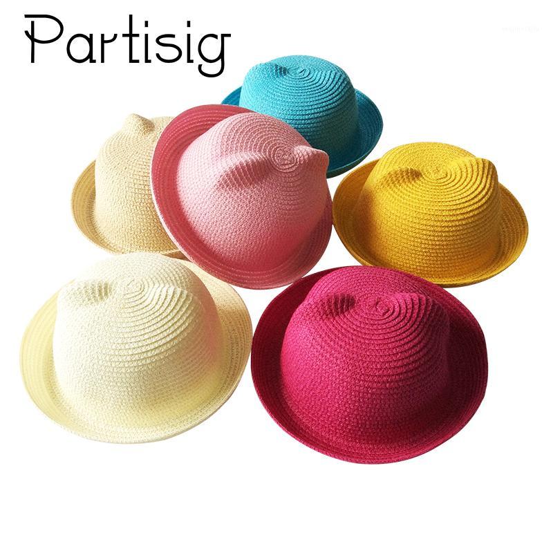 

2020 Summer Children Hats Straw Ear Cap For Girls Cartoon Sun Hat For Boys Beach Panama Hat Roll Up Baby Cap1, White