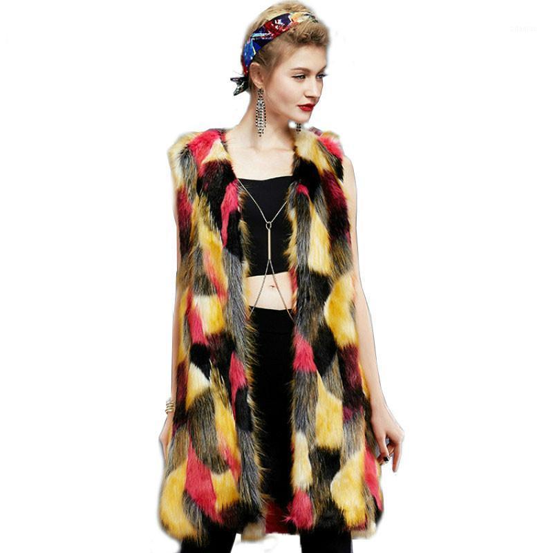 

Long Faux fur fur Vest Sleeveless jacket waistcoat artificial peacock Mixed Color grass Tank Coat cardigan 20201, Red
