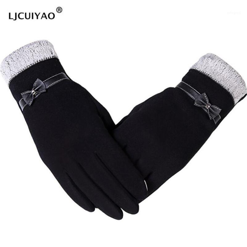 

Five Fingers Gloves LJCUIYAO Women Touched Screen Ladies Guantes Winter Warm Elegant Bow Splice Mittens Cashmere Female1