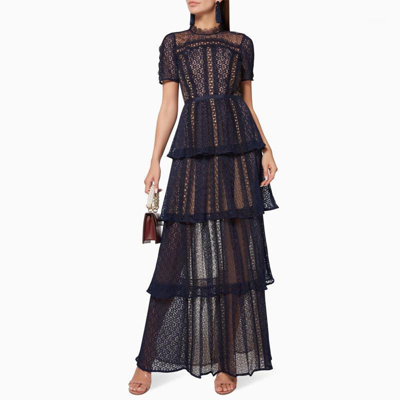 

2020 New Style Women Lace Dress Ruffled Hollow Out Stitching Ladies Long Dress Round Neck Short Sleeve Female Party1, Dark blue