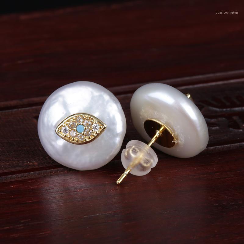 

cz micro pave tiny blue eye evil eye protect charms natural coin freshwater pearl bead charm gold button stud earring for women1, Golden;silver