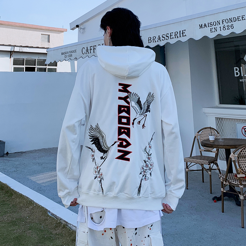 

Japanese Embroidered Cranes Fleece Velvet Hoodie Streetwear Men 2020 Hip Hop Pullover Sweatshirts Winter Hoodie Thicken, White