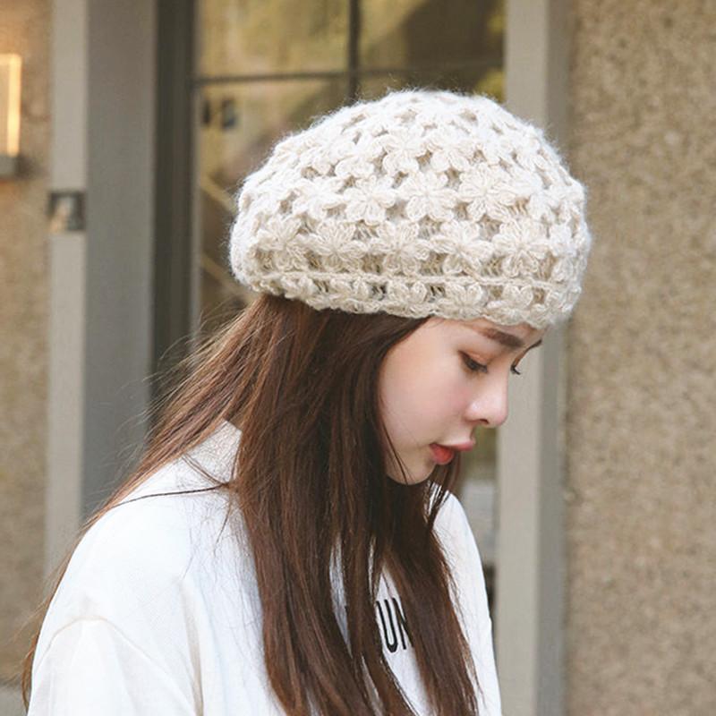 

Berets Handmade Soft Hallow Out Design Beret Cap For Women Winter Warm Mohair Artist Knitted Hat Crochet Gorros, 005