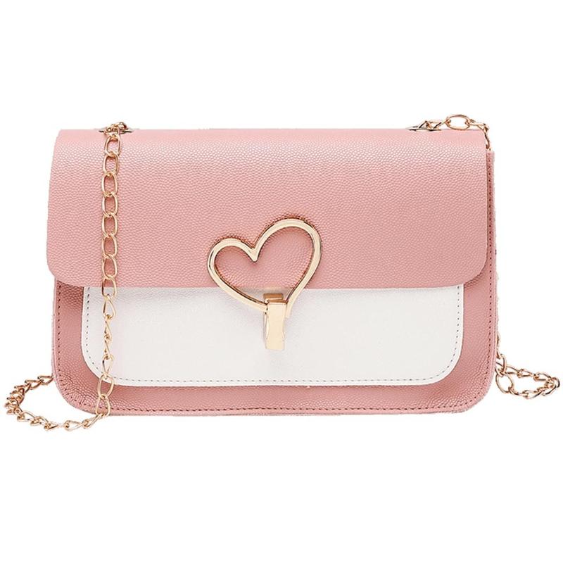 

New Korean Heart Patchwork Leather Women's Shoulder Bags Sweet Small Girls Crossbody Bags Cover Purse Mobile Phone Messenger Bag, Pink