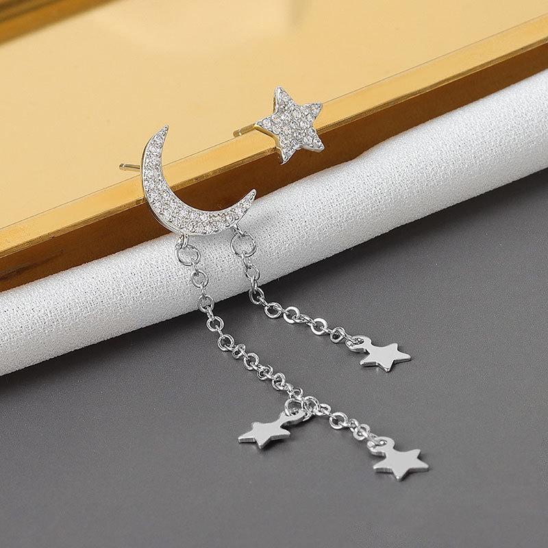 

Stud Exquisite Crystal Star Moon Tassel Pendant Earrings Creative Women's Asymmetric Silver Color Elegant Lady Party Jewelry