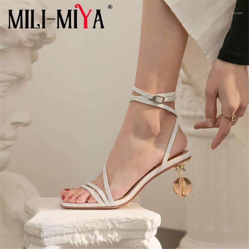 

MILI-MIYA New Design Women Sandals Full Leather Buckle Strap Square Toe Strange Heels Ankle Wrap Dress Party Summer Shoes1, Black