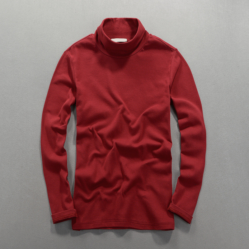 

2021 Brand New Winter Casual Men' T-shirts Pure Cotton High Collar Pure Color Long-sleeved T-shirt for Male Tops T-shirts, Jujube