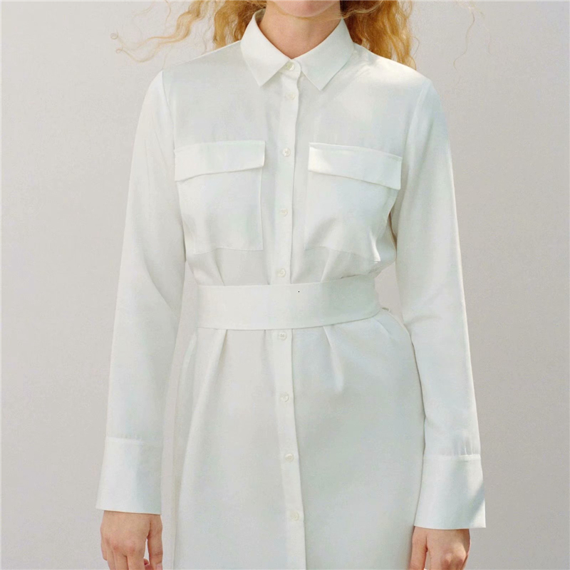 

2021 New Elegantes Slidos Vestidos De Algodo Branco Moda Senhoras Bolso Arco Faixas Camisa-vestido Doce Feminino Chique Boto Longo Ukma, White