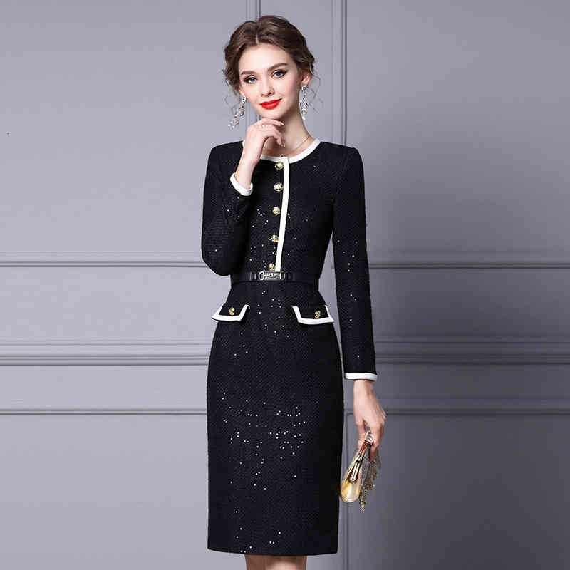 

Casual Dresses Zhili woolen dress autumn and winter Hepburn temperament small fragrance black thick bottomed long sleeved skirt JY1P