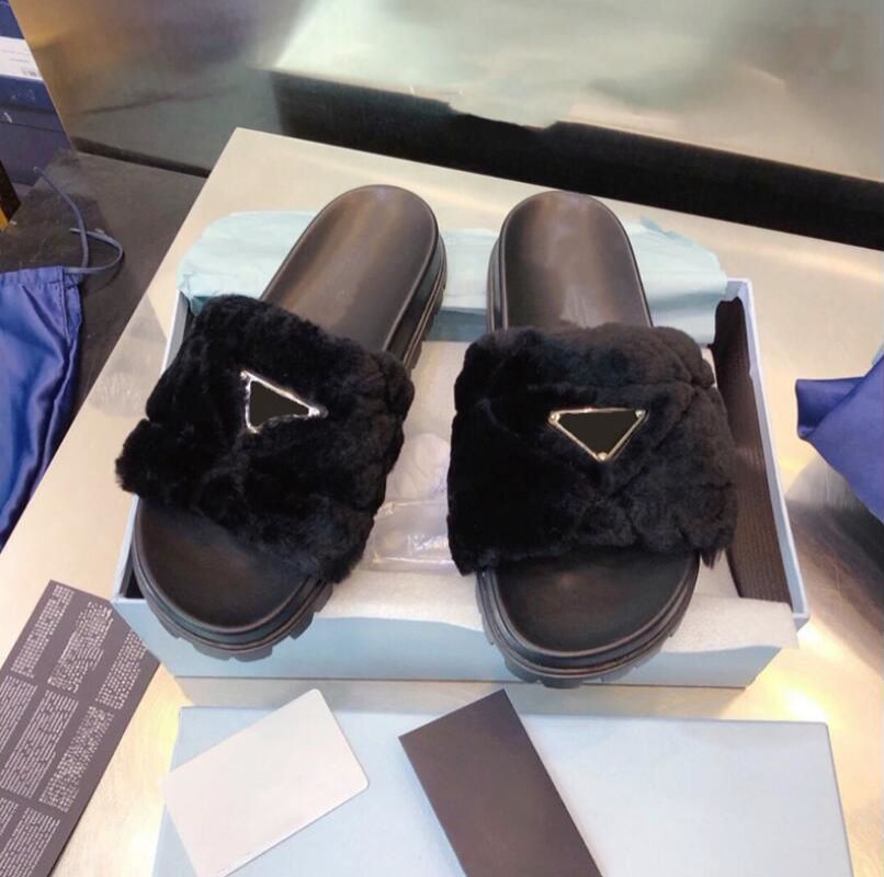 

Winter Fleece Slippers Sandal white black pink Sexy Pumps Pointed Toe Chunky Heels Ankle Strap Party Wedding Famous Slides With Box