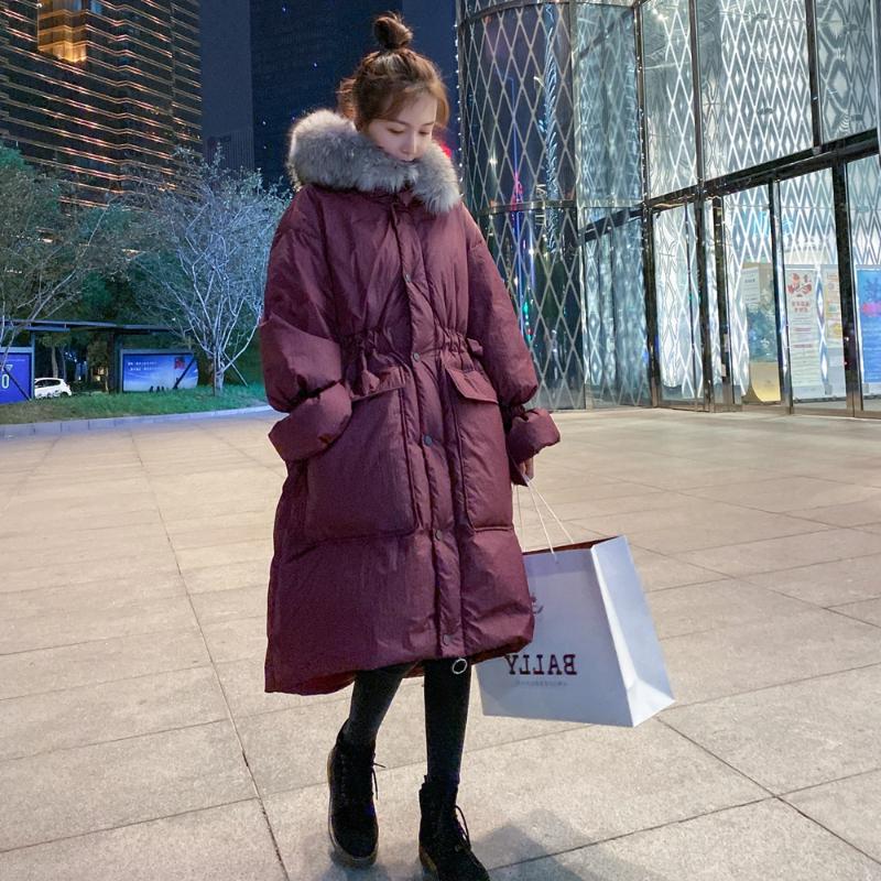 

Coat Female 2021 Winter New 90% White Duck Down Solid Color Hooded Big Fur Collar Loose Warm Fashion Big Pocket Cotton Jacket G2, Red wine