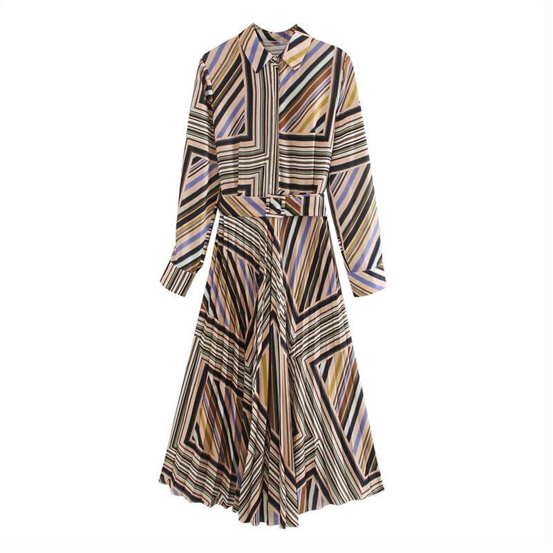 

Vintage Chic Stripe Printed Women Dress Fashion Long Sleeve With Belt Midi Dresses Draped Dress Vestidos, Multi