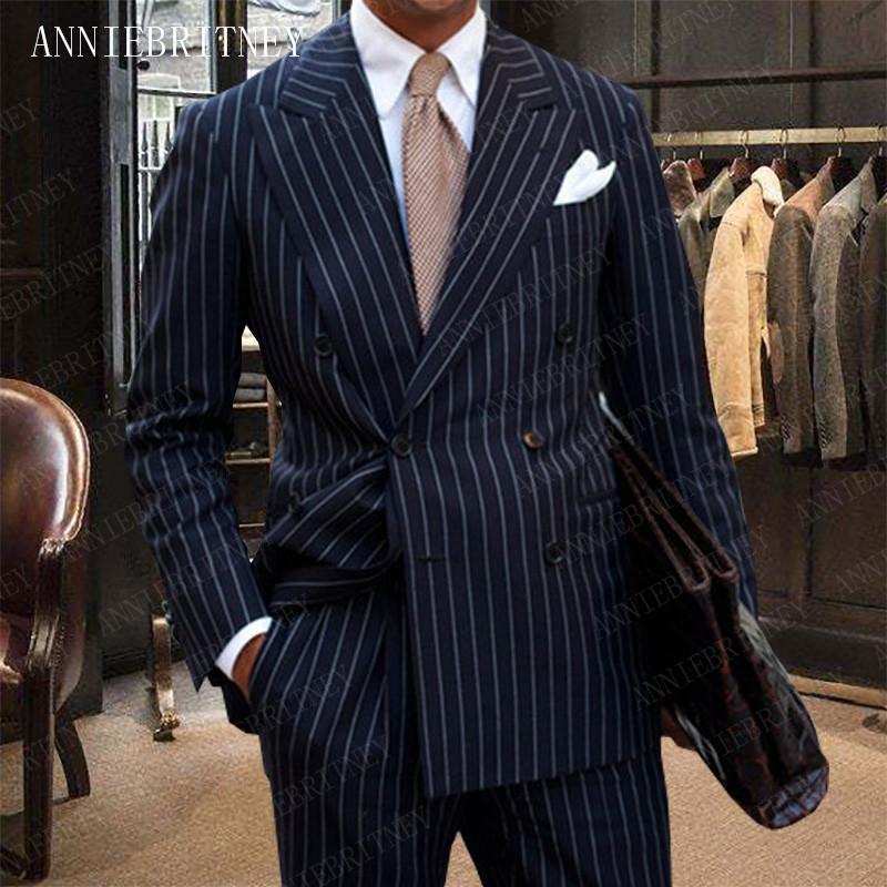 

ANNIEBRITNEY Men Suits for Wedding Navy Blue Stripes Printed Tuxedo Man Suit Slim Fit Groom Suits Set Custom Formal Suit for Men, Coat pant