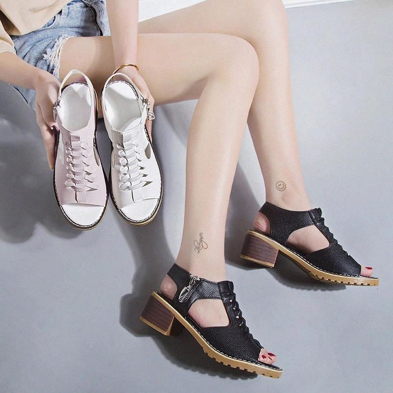 

Summer Sandals 2020 New Women Fashion Middle Heels Shoes Woman PU Leather Gladiator Plus Size Classics Retro Ladies Sandals #8G6g, Black