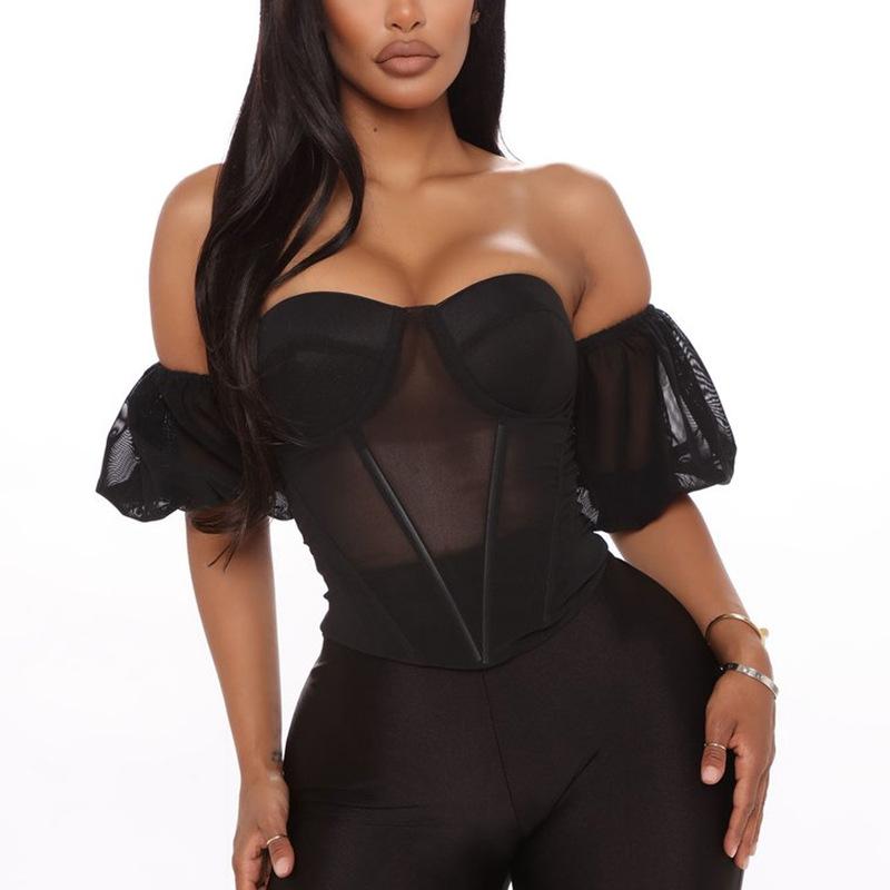 

Yimunancy Strapless Perspective Mesh Top Women Off Shoulder Top 2020 Ladies Black Sexy Party Streetwear