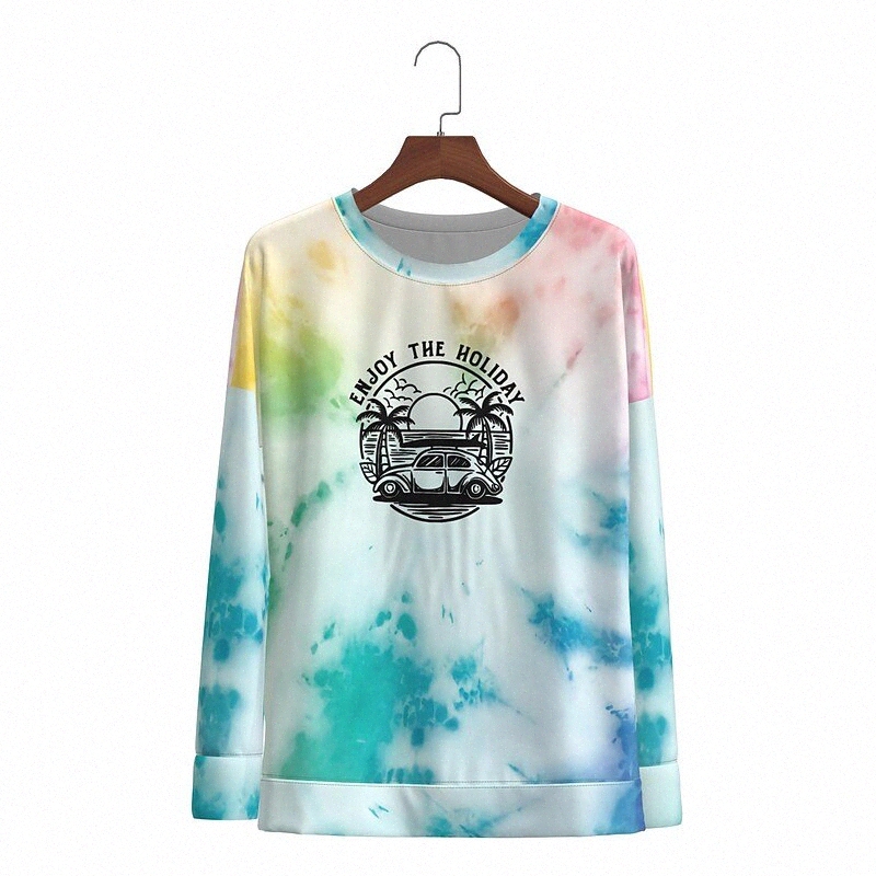 women's T shirt Graphic Tie Dye Text Long Sleeve Print Round Neck Tops Basic Basic Top Blue Yellow Green C3qP#-image-756017160