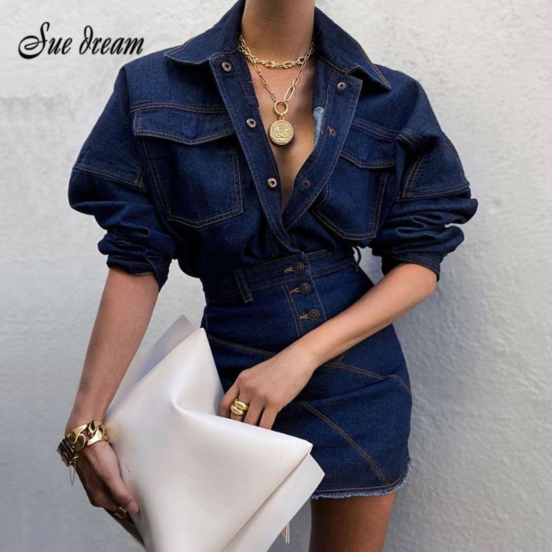 

2020 Autumn Fashion Casual Blue 2 Two-piece Denim Set Long-sleeved Single-breasted Shirt & High Waist Bag Mini Skirt Set