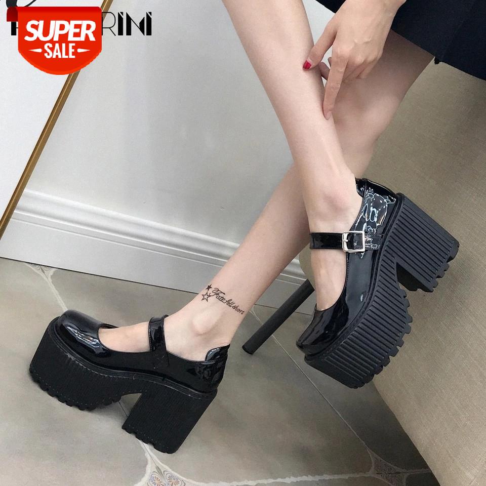 

RIBETRINI Ins Hot Sale Female Black Buckle Platform Punk Shoes Women Pumps Thick Bottom High Heel Fashion Cool Pumps #Ka9c