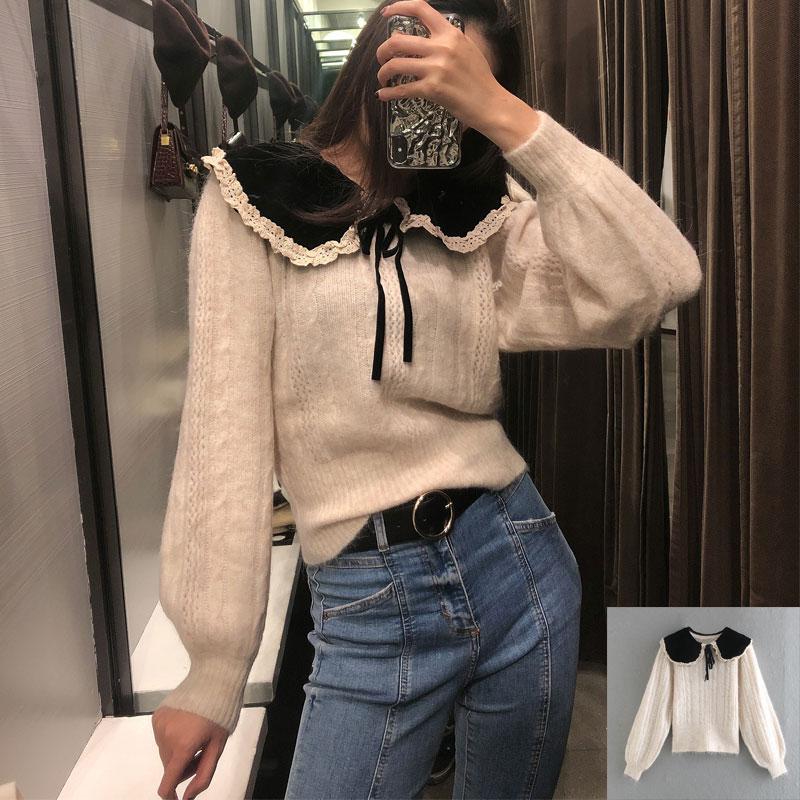 

2021 autumn and winter new women' sweater doll collar lace stitching long-sleeved woven casual retro fashion knit sweater top, Lt2410