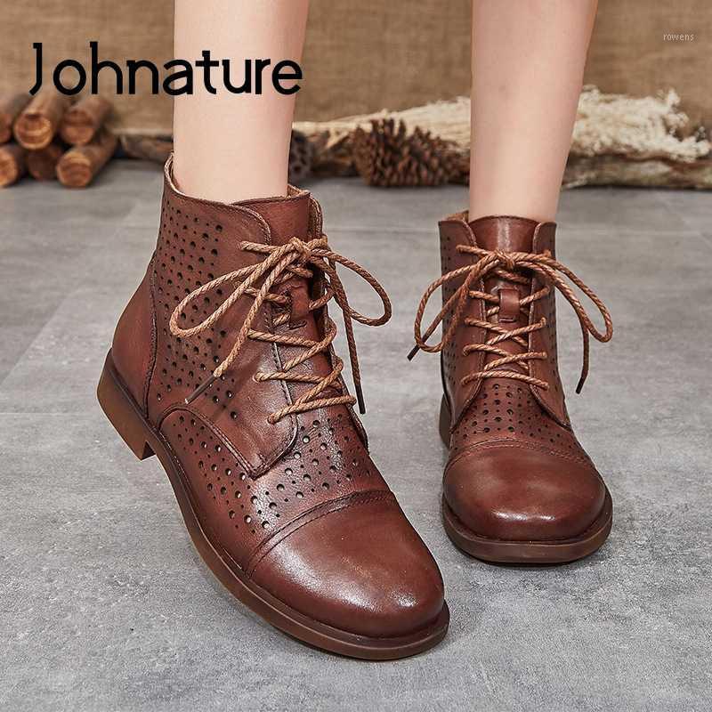 

Johnature Ankle Boots For Women Genuine Leather 2020 New Spring Women Shoes Lace-up Round Toe Flat With Zipper Ladies Boots1, Brown