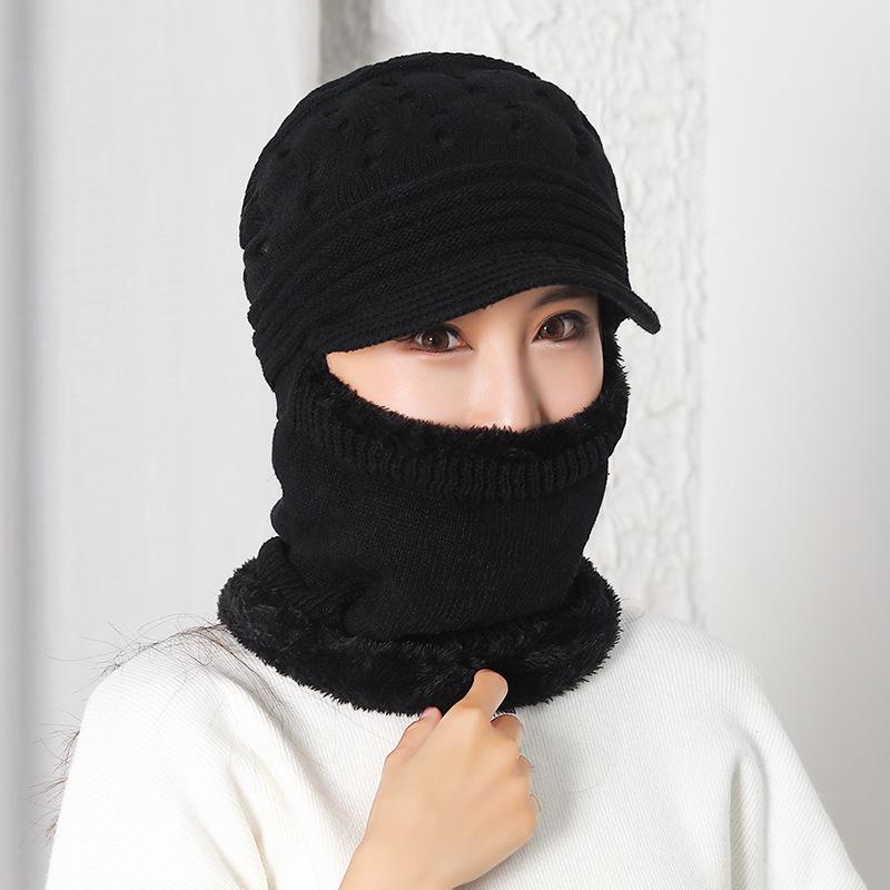 

Plus Velvet Winter Hats For Women Windproof Ski Outdoor Knitted Warm Thicken Wool Siamese Scarf Collar Beanie Cap Sets, Purple