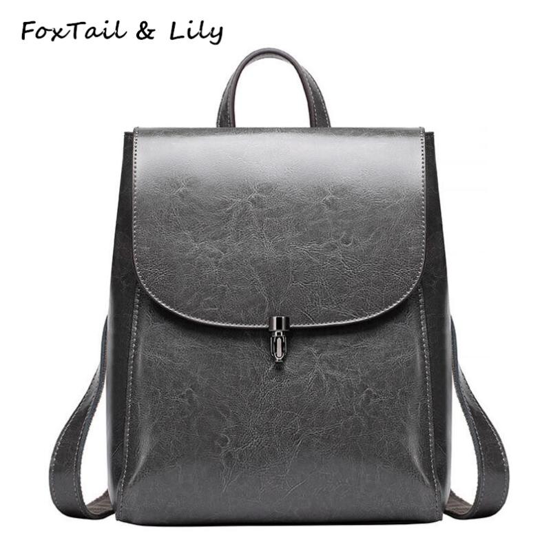 

FoxTail & Lily Cowhide Split Leather Women Backpack Lock Design Vintage School Bag for Girls Casual Shoulder Bag Travel Backpack, Black