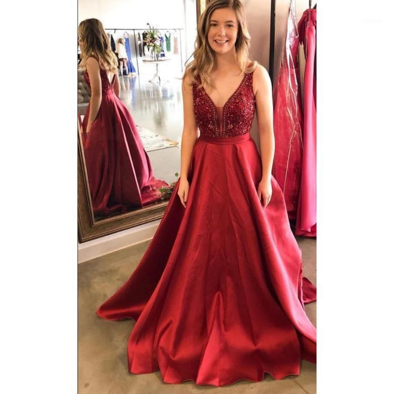 

Burgundy Prom Dress A Line Deep V Neck Lace Appliques Beads Open Back Satin Floor Length Prom Party Dress Custom Made CP2881, Black