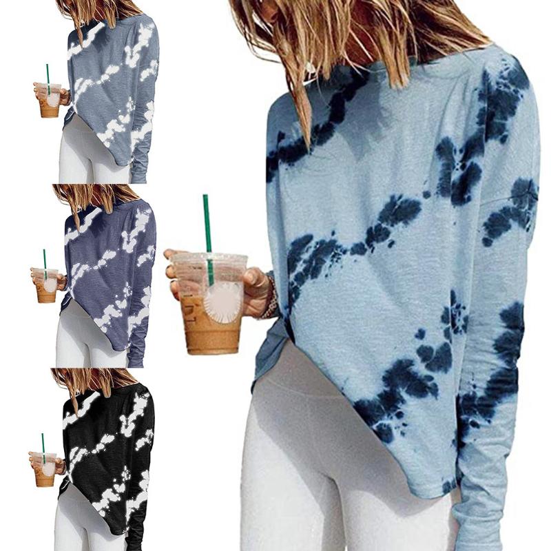 

Women' Tie-dye Printed O neck Printed Loose Long Sleeve T-shirt Autumn and winter fashion printing styles Camiseta estampada, Black