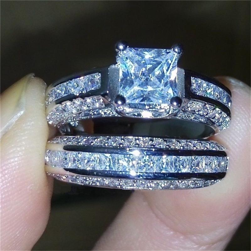 

Fashion Blue White Zircon Wedding Ring Set For Women Jewlery Silver Color Engagement Rings