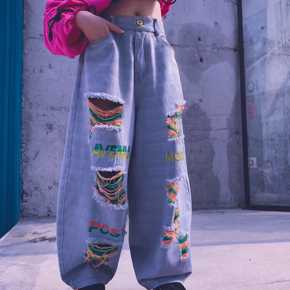 

2020 autumn men and women children's street dance tide pants personality broke hole jeans skateboard street wind girl trousers, Blue