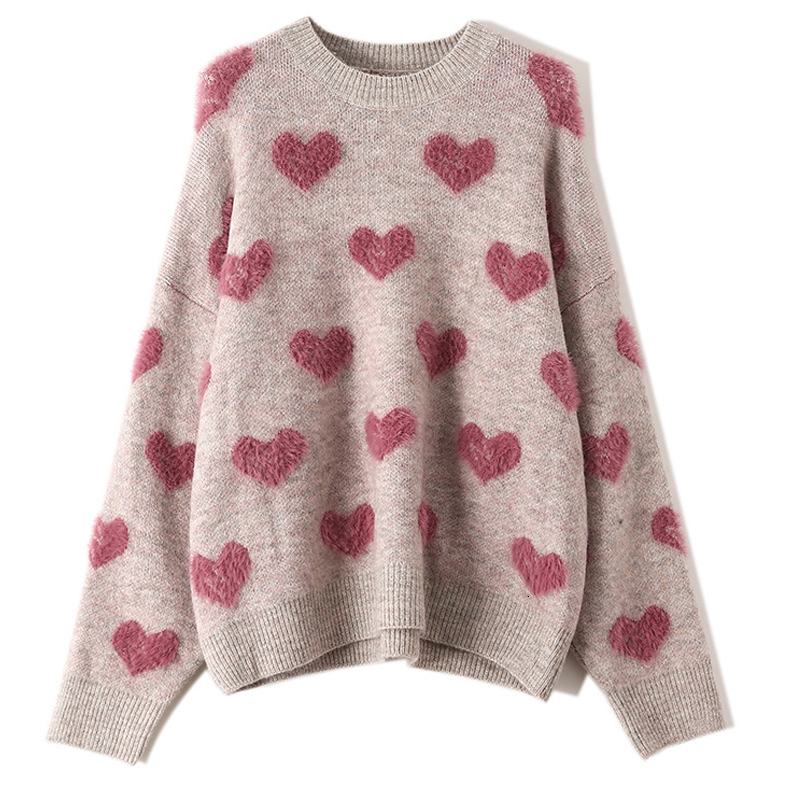 

2021 New Heart Pattern Knit Pullover Women Jumper Autumn Winter Korean Cute Fluffy Sweater Female Casual Cozy Y00x, Pink