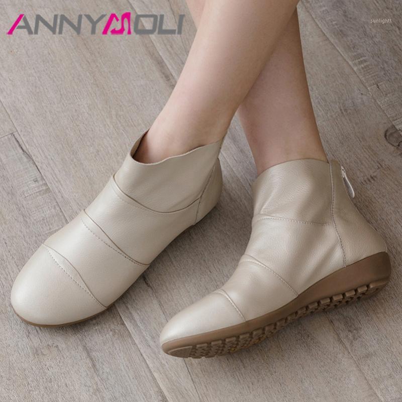 

ANNYMOLI Ankle Boots Natural Genuine Leather Woman Boots Flat Short Zip Round Toe Ladies Shoes Autumn Winter Beige Size 441, Black synthetic lin