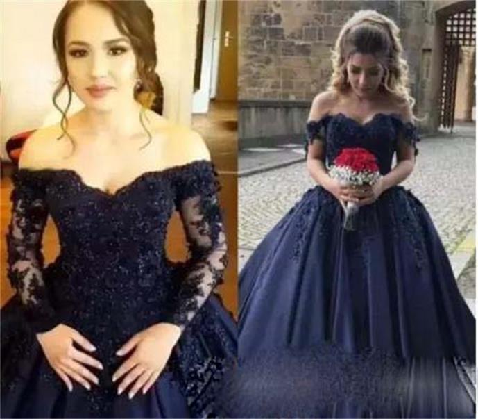 

Navy Blue Quinceanera Ball Gown Dresses Off Shoulder 3D Flower Lace Applique Sweep Train Satin Corset Plus Size Prom Evening Gowns, Brown