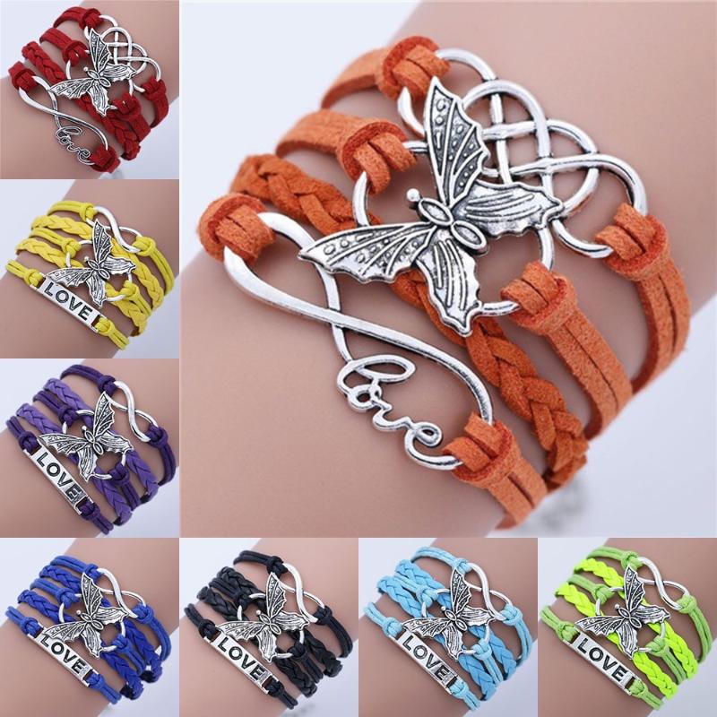

Vintage Handmade DIY Multilayer Leather Infinity Love Butterfly Charm Chain Bracelet (Color: Multicolor)