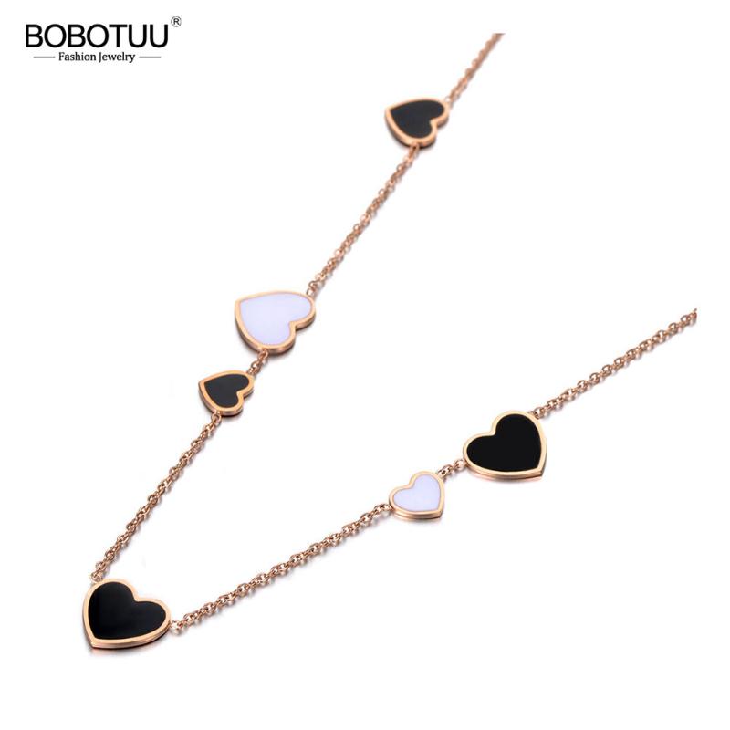 

BOBOTUU New Stainless Steel White/Black Glaze Love Heart Choker Necklaces For Women Girls Office Charm Pendant Necklace BN19220