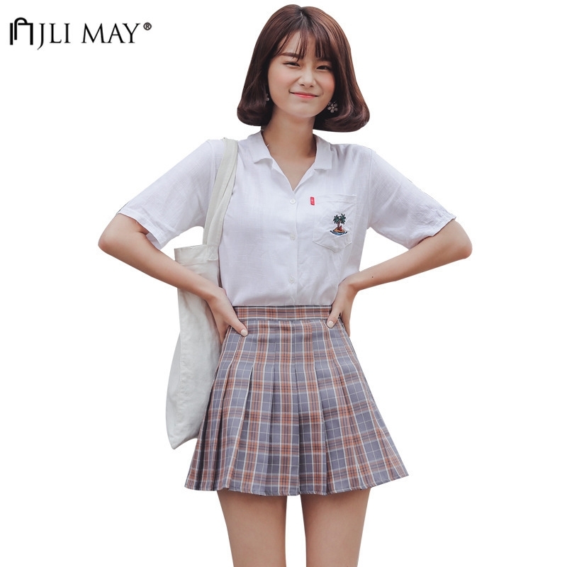 

JLI MAY High Waist Blue Pleated Skirts Girls Harajuku Skirt Solid Plaid A-line Mini Japan Korean style school uniform Women Y200326, White