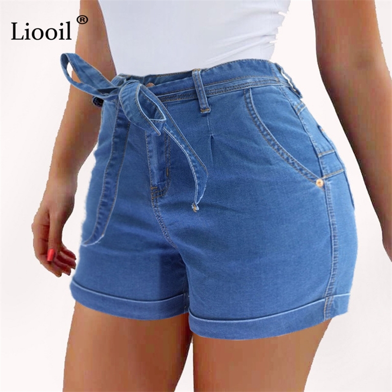 

Liooil Ladies Short Jeans Cotton Blue Jean Shorts High Waist Women Summer Lace-Up Pockets Sexy Denim Woman Shorts Y200403, Dark blue
