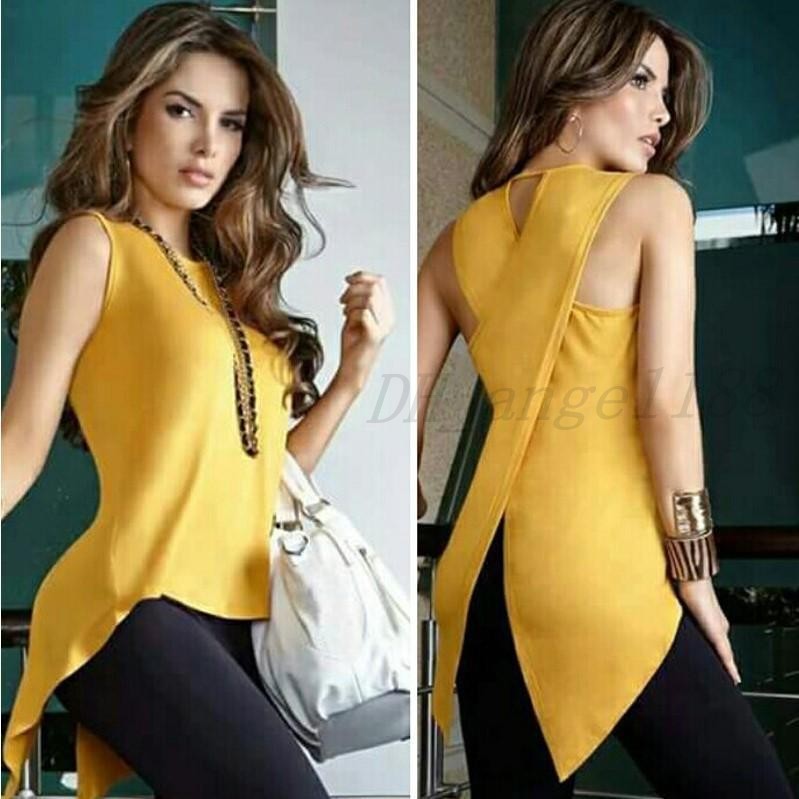 

New Women summer Casual Solid Shirt Back Cross Swallowtail Hem Asymmetrical Tank Tops women clothes short dress dhl free, White