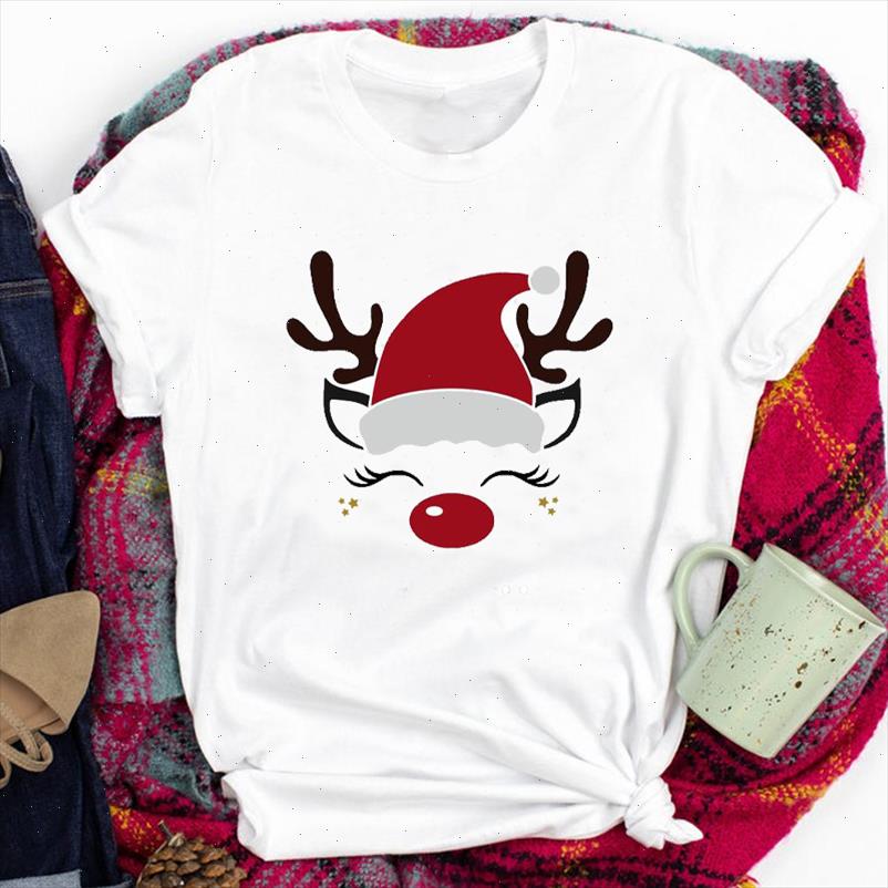 

deer face cute cartoon clothing new year tees for women lady merry christmas print tshirt clothes graphic female t t shirt, White