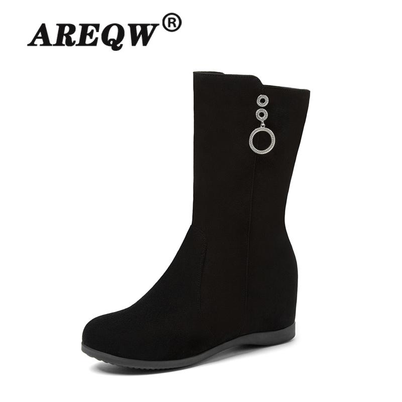 

2020 New Fashion Genuine Leather +stretch Flock Ankle Boots Women Round Toe Autumn Winter Thick Heel Casual Shoes Ladies, Black
