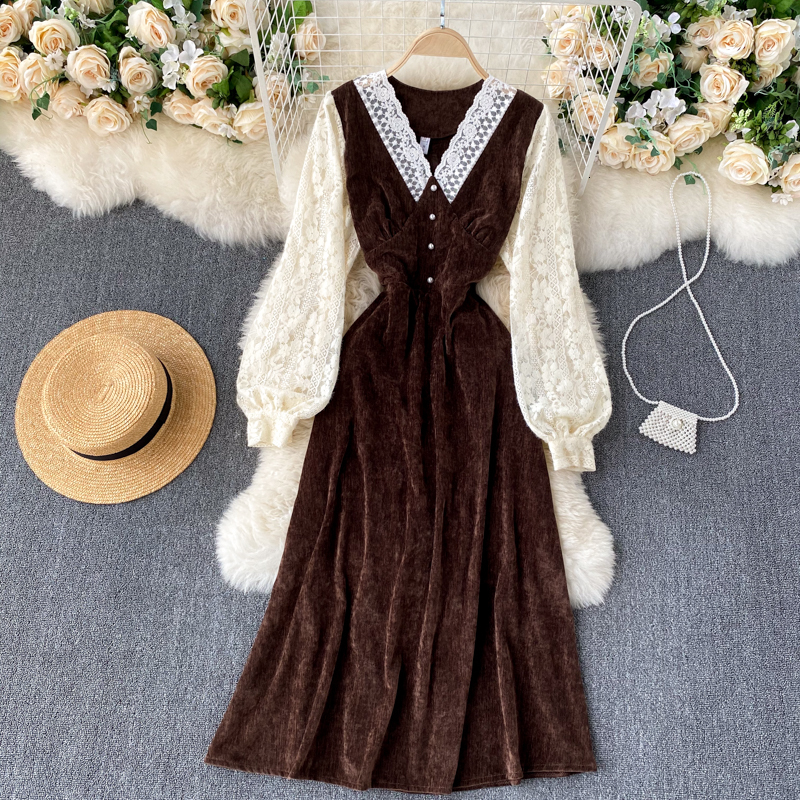

2021 New Singiny design in sweet girly velvet splice lace puff neck the line dressed autumn streetwear dress QLKT, Black